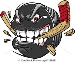 Illustration med en hockeypuck med ögon och mun. Tänderna biter i en hockeyklubba.